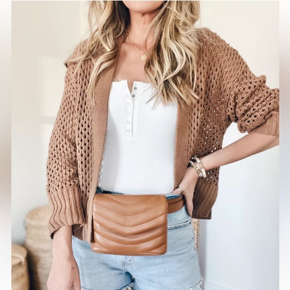 A&F L Caramel Brown Eyelet Knit Slouchy Oversized Open Front Cotton Cardigan